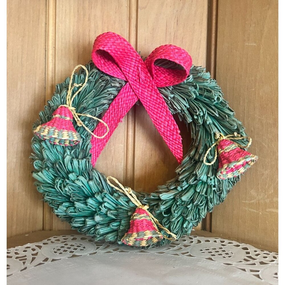 Handcrafted Small Straw Wicker Wreath Vintage Red Burlap Ribbon Bells Natural De